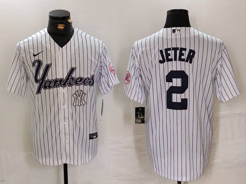 Men New York Yankees #2 Jeter White stripe Three generations of joint names Nike 2024 MLB Jersey style 4->new york yankees->MLB Jersey